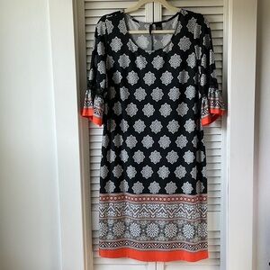 New Directions Black and White Geometric Midi Dress with Orange Accents